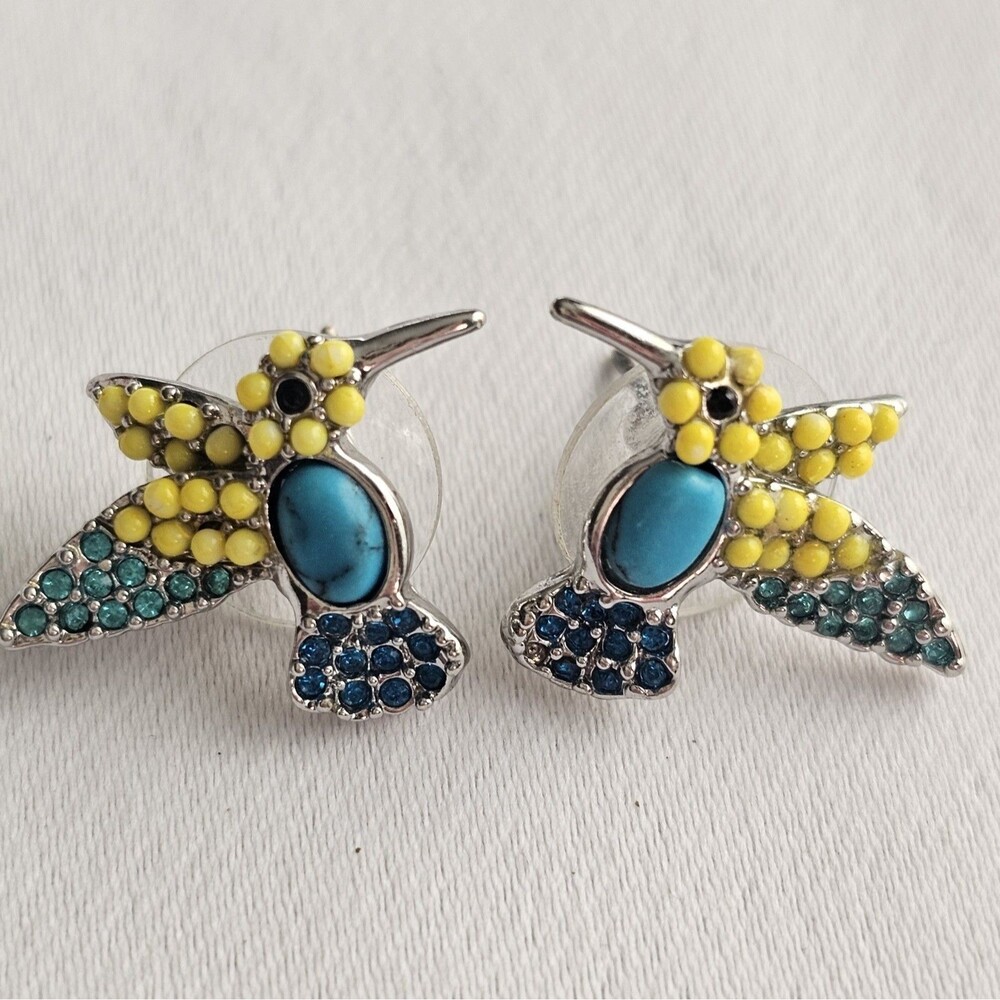 Pair of Silver-toned Hummingbird Stud Earrings Yellow and Blue